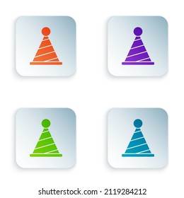 Color Party hat icon isolated on white background. Birthday hat. Set colorful icons in square buttons. Vector