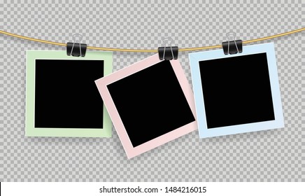 Color pastel of Retro realistic photo frame with paper clip of wood isolated on transparent background