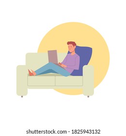Color pastel vector of young man with laptop sitting on comfortable sofa. Freelancer character concept fit for work from home design