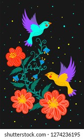 color pattern with birds and flowers on black background, flat design