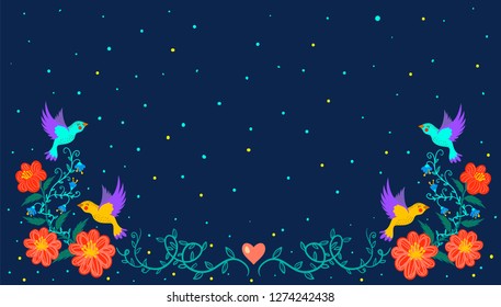 color pattern with birds and flowers on black background, flat design
