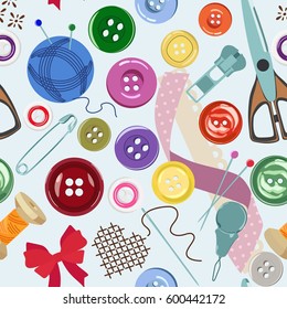 Color pattern with buttons, threads, scissors and sewing accessories. Best for wrapping paper, textiles, wallpapers.