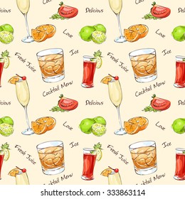 Color pattern contemporary classics cocktails on white background. Background for use in design, web site, packing, textile, fabric