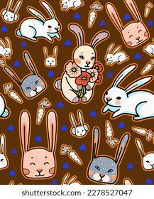 Color pattern with cute pets. Vector. Hares, dogs, foxes, cats. Color background for fabric, holiday wrapping paper and school accessories.