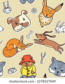 Color pattern with cute pets. Vector. Hares, dogs, foxes, cats. Color background for fabric, holiday wrapping paper and school accessories.
