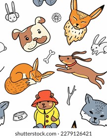 Color pattern with cute pets. Vector. Hares, dogs, foxes, cats. Color background for fabric, holiday wrapping paper and school accessories.