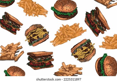  Color pattern fast food, stylish food cover for fabric, postcards, wallpapers,graphical vector illustration. Fast food and menu background design with french fries and burgers	
