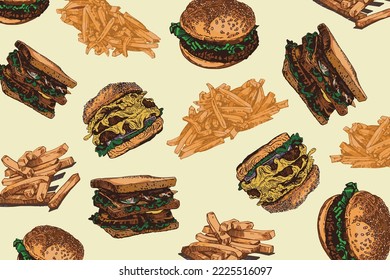 Comida rápida de patrón de color, cubierta de comida elegante para tela, postales, papel pintado, ilustración gráfica vectorial. Comida rápida y diseño de fondo de menú con papas fritas y hamburguesas	
