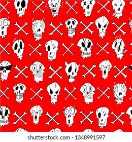 Color pattern with funny emoji skulls and bones. The illustration is suitable for the design of wrapping paper, fabrics, wallpaper.