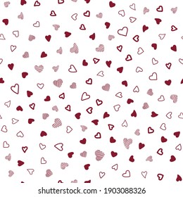 Patrón de color con corazones. Corazones caóticos. Patrón vectorial sin brillo corazones rojos oscuros sobre fondo blanco. Estilo Doodle. Fondo para el Día de San Valentín o el amor por la tarjeta.