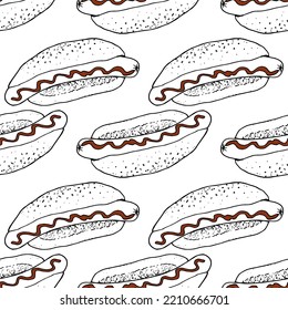color pattern for a hot dog. seamless sausage sausage pattern, black isolated outline drawn in sketch style with red ketchup sauce, often on white for a design template. vector street fast food