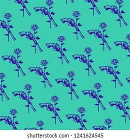 Color pattern illustration with a rose and a pistol. Vector. Ornament for fabric and textiles, cover and poster. Vintage, retro style. Graphic template. Drawing for wrapping paper.