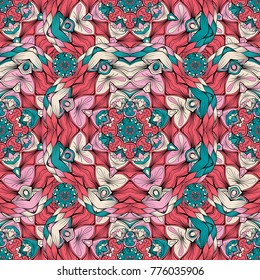 Color pattern in mandala style seamless vector illustration. Pattern print with color ornament elements for fabric design