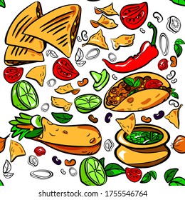 Color pattern mexican food 
Quesadiilas, burritto, tacos, nachos, sauce,  and ingredients. Vector illustration. 