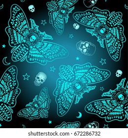 color pattern: moth Dead Head, skull, moon, stars.  Esoteric, mysticism, occultism.  Vector illustration.