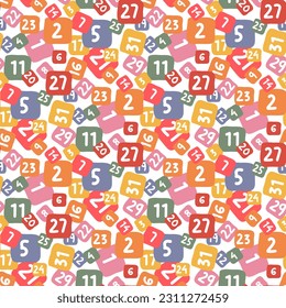 Color pattern of numbers in retro colors. Printing on textiles and paper. Chaotic scattering of square shapes with numbers forming a texture, background cover. Fat illustration. School, education