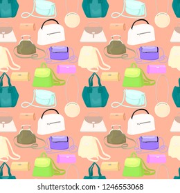 Color pattern on a white background. A seamless pattern from fashionable women's bags