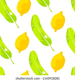 Color pattern with palm leaves and lemons on white background. Ornament for textile and wrapping. Vector.