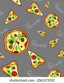 Color pattern with pizza and pizza slices with inscriptions on a gray background. Mozzarella. Vector. Background for cafes and restaurants. Suitable for covers, fabric, covers and wallpaper.