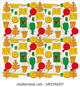 Color pattern school set. Autumn leaf and balloon. Mirror and comb, notebook  and notepad. Glass, hamburger and cereal.