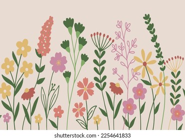 color pattern of stylized flowers and herbs,seamless pattern. Wild herbs on beige background. 