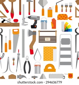 Color pattern of tools. Contains hammers, saw, compasses, brushes, paints, and much more. Flat plot. White background