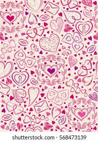 Color patterned background with red valentine hearts, vector illustration. Ideal for printing onto fabric and paper or scrap booking.