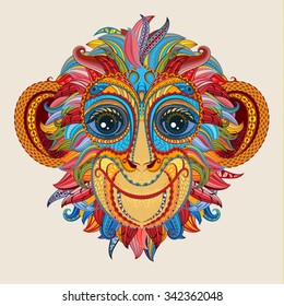 Color patterned head of the monkey. Tattoo design. 2016 New Year Symbol. Vector illustration.