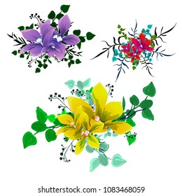 color patterns. flower arrangement, bouquets. yellow, purple, pink flowers. on white background, isolated, green sprigs of leaves
