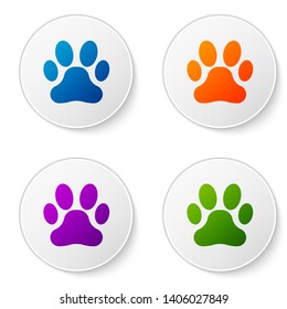 Color Paw print icon isolated on white background. Dog or cat paw print. Animal track. Set icons in circle buttons. Vector Illustration