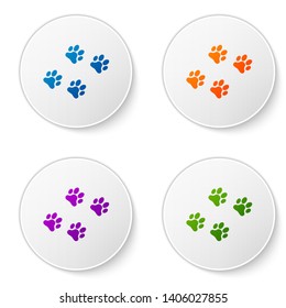 Color Paw print icon isolated on white background. Dog or cat paw print. Animal track. Set icons in circle buttons. Vector Illustration