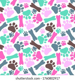 color paw prints of animal cat, dog and bone on white background, seamless pattern