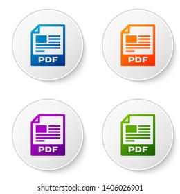 Color PDF file document icon. Download pdf button icon isolated on white background. PDF file symbol. Set icons in circle buttons. Vector Illustration