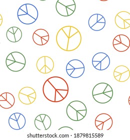 Color Peace sign icon isolated seamless pattern on white background. Hippie symbol of peace. Vector.