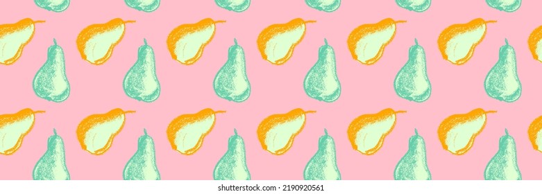 Color pear banner template. Fruit pattern seamless with fruit hand drawn pencil illustrations for vegan banner, juice, baby food packaging, jam label design. Vector organic fruits background.