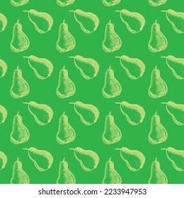 Color pears seamless pattern for fabric design. Green pear textile ornament. Fruit background for Vegan banner, label juice. Organic pear drawings for jam packaging. Natural hand drawn wallpaper.