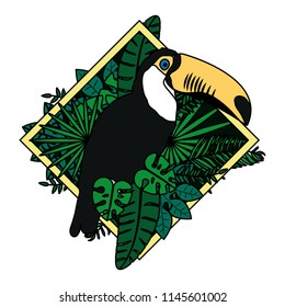 color pelican bird with exotic plants leaves