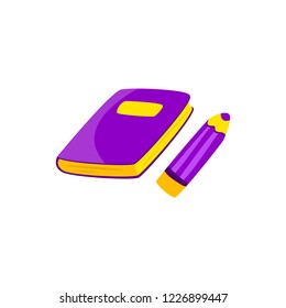 Color pencil and book. Lilac cartoon vector.