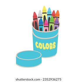Vector de caja de lápiz de color. De vuelta al concepto escolar. Vector de suministros escolares. Vector plano aislado sobre fondo blanco.  Crayon. Arreglado en silencio. Concepto de aprendizaje y educación. Caja de papel.