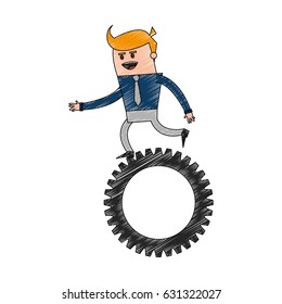 color pencil cartoon business man riding a gear