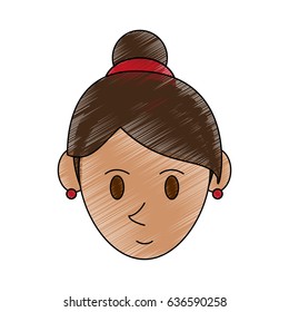 color pencil cartoon face woman with collected hairstyle and bow lace