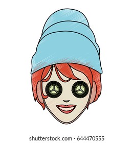 color pencil cartoon face woman with towel in head and mask with cucumbers
