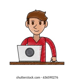 color pencil cartoon front view half body guy with laptop computer