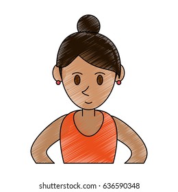 color pencil cartoon half body woman with collected hairstyle and earings