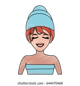 color pencil cartoon half body woman with towel in head in spa