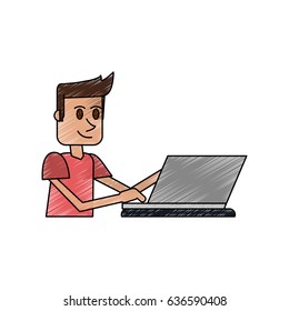 color pencil cartoon side view half body guy with laptop computer