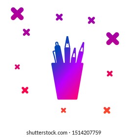 Color Pencil case stationery icon isolated on white background. Pencil, pen, ruler in a glass for office. Gradient random dynamic shapes. Vector Illustration