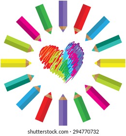 color pencil with circle and heart shape design icon