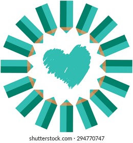 color pencil with circle and heart shape design icon
