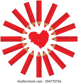 color pencil with circle and heart shape design icon